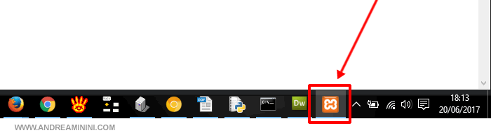 l'icona di Xampp nella barra inferiore dei Windows