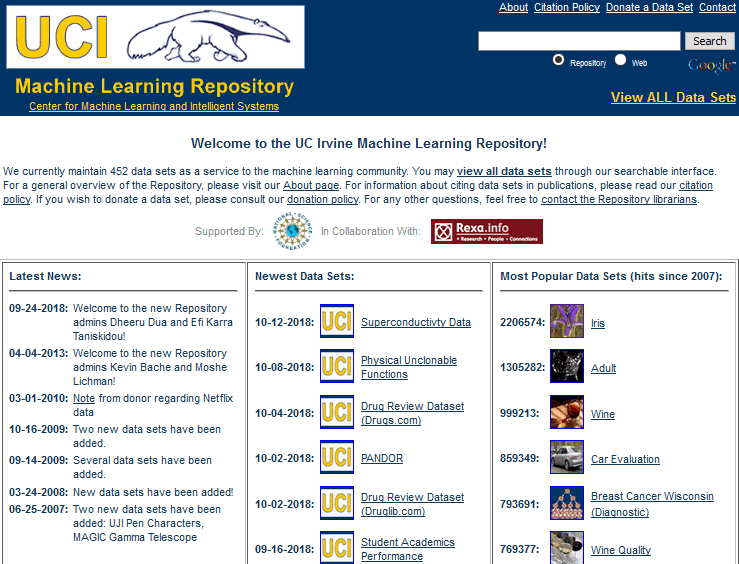 l'home page del machine learning repository