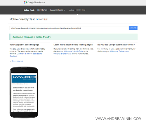 il tool  mobile friendly test di Google offre un check-up del sito web gratuito per la visualizzazione sui dispositivi mobile