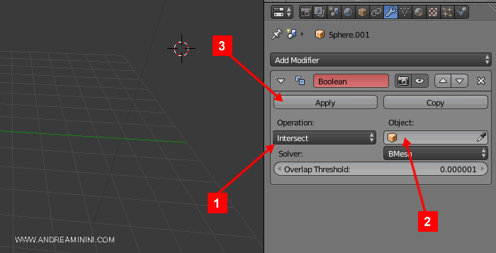 scelgo l'operazione di intersezione grafica, poi l'altro oggetto modellante e clicco sul pulsante Apply
