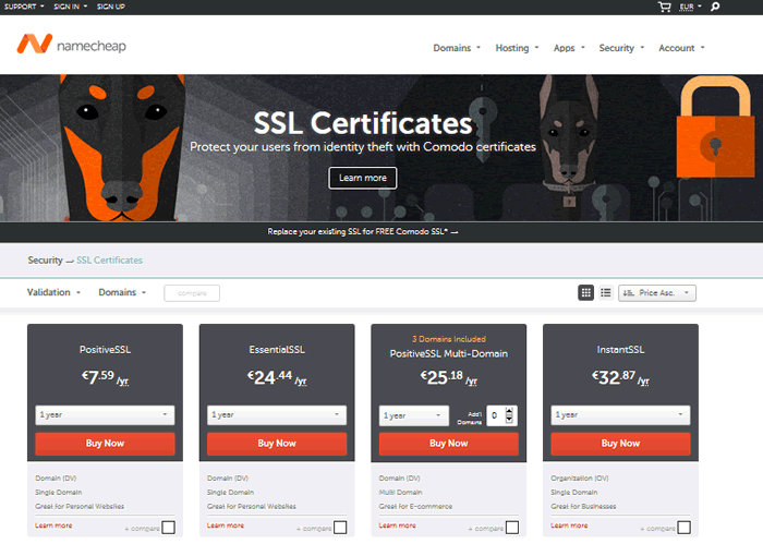 la pagina web della vendita dei certificati SSL su Namecheap