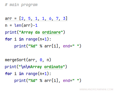 il programma principale dell'algoritmo merge sort