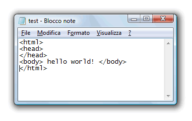 esempio di stesura del codice HTML con NotePad