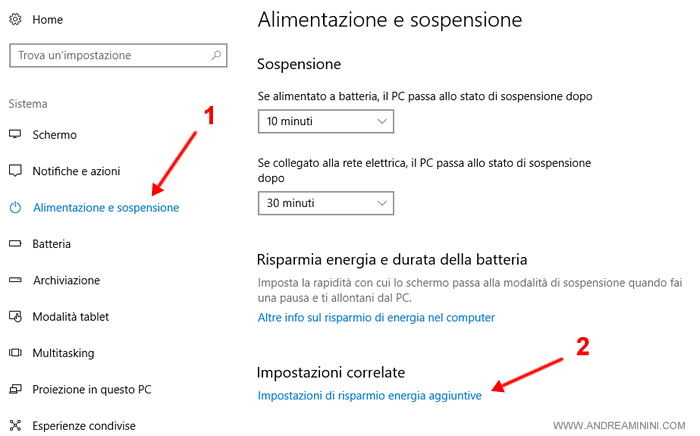 selezionare impostazioni di risparmio energetico aggiuntive