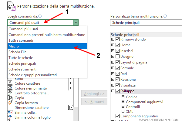 cliccare su Scegli comandi da e selezionare Macro