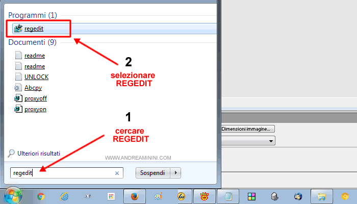 avviare REGEDIT ( editor della configurazione del sistema )