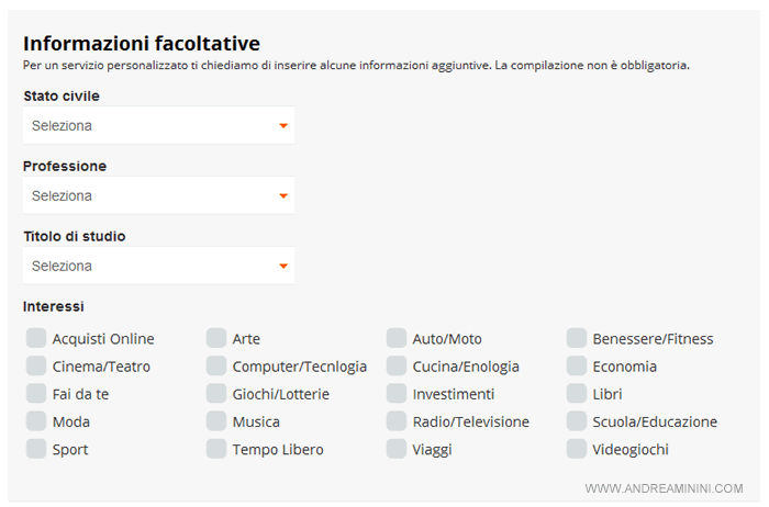 le informazioni facoltative durante il processo di iscrizione dell'account su Virgilio