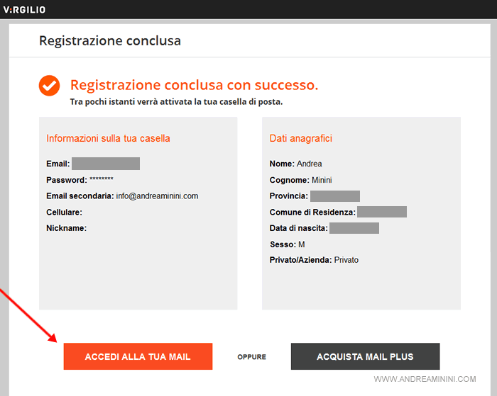 l'indirizzo email è stato creato