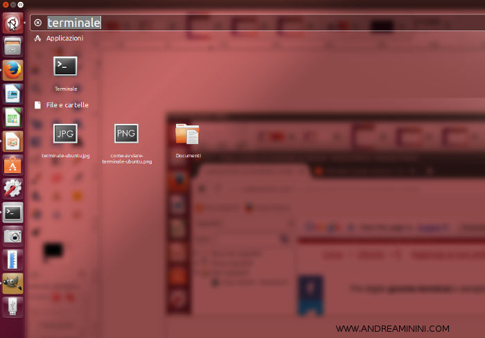 per accedere alla riga comandi su Ubuntu bisogna cercare terminale nel campo di ricerca