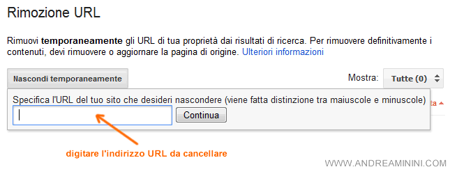 Inserire l'URL da rimuovere nel campo e premere il pulsante Continua