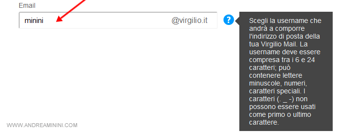 scegliere una username per accedere alla nuova casella