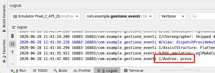 il log di android studio
