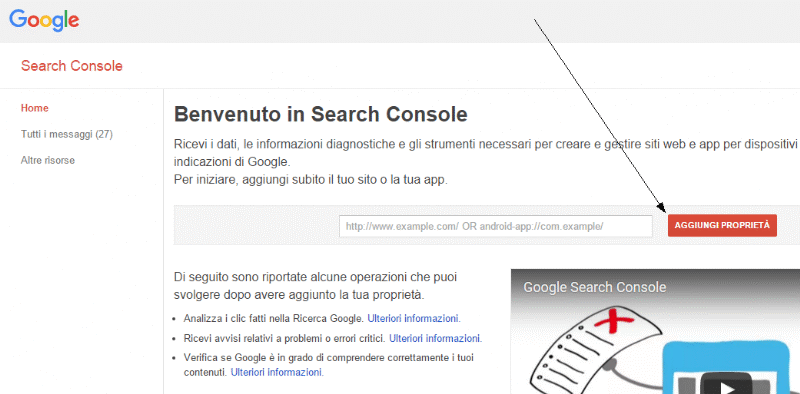 come aggiungere una proprietà ossia un sito web su Search Console