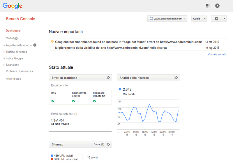 la home page della search console