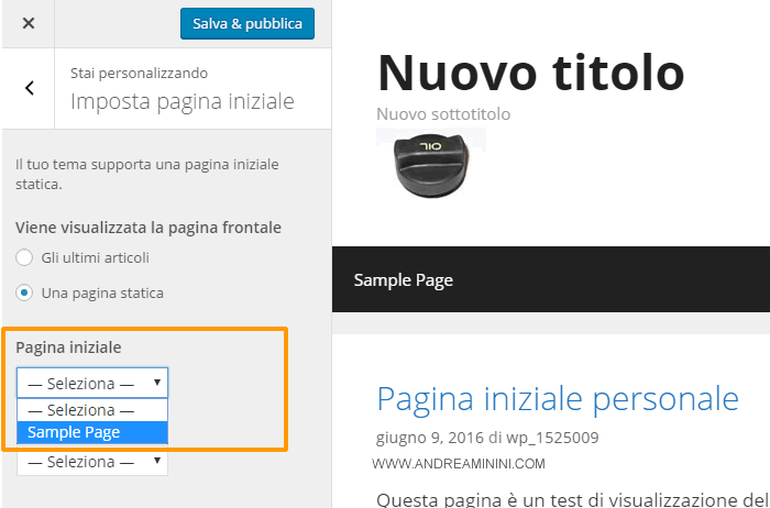 seleziono la pagina da utilizzare come HP