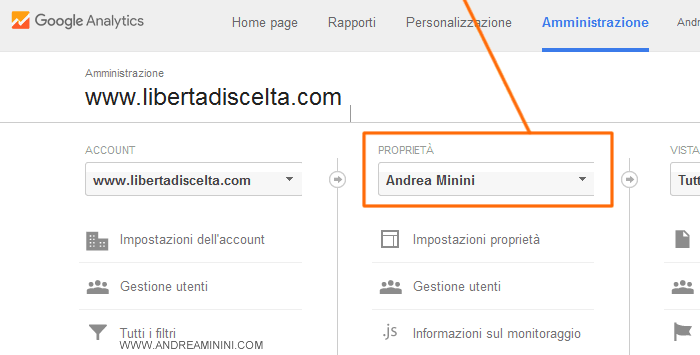 selezionare il sito nel menù Proprietà