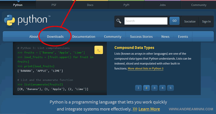 il sito ufficiale di Python