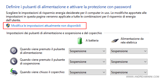 clicco sulla voce Modifica le impostazioni attualmente non disponibili