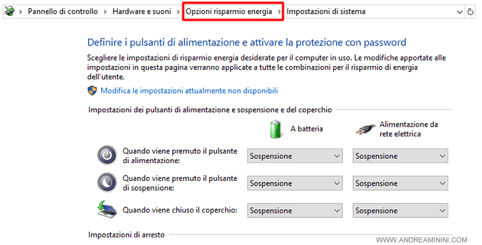 selezionare Opzioni risparmio energia