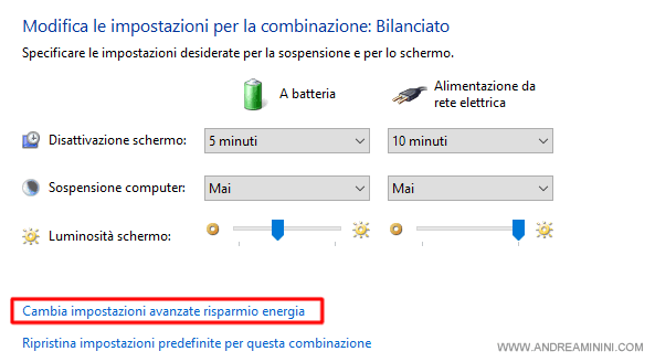 cliccare su Cambia impostazioni avanzate risparmio energetico