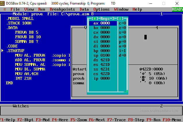 un esempio di debugger TASM su un emulatore X86