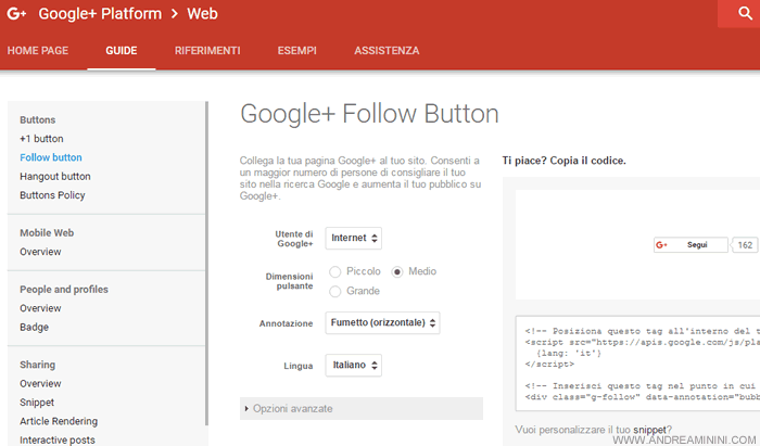 il tool di creazione del pulsante Google Follow