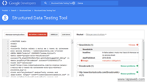 il tool di Google per verificare i dati strutturati sul sito web