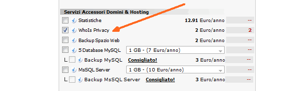 le opzioni di Whois Privacy su Aruba