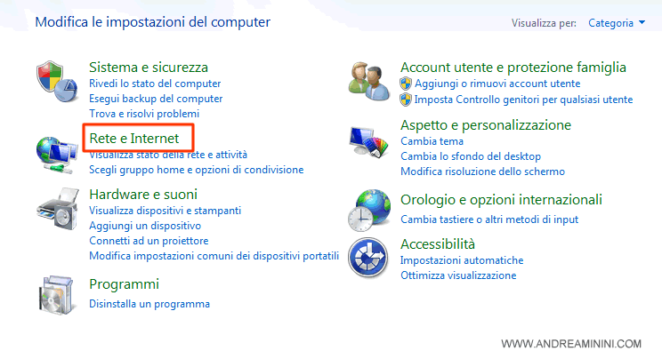 pannello di controllo di Windows, poi Rete e internet