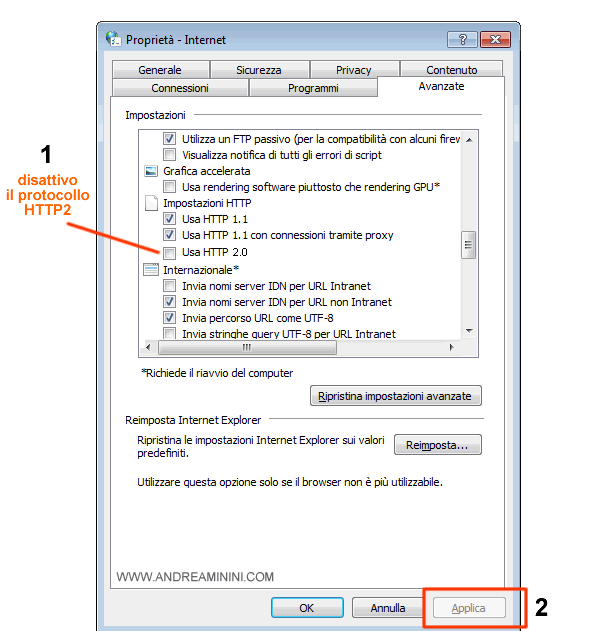 disattivo HTTP2 poi clicco su Applica e OK