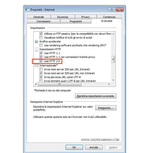 il protocollo HTTP2 è attivo sul computer