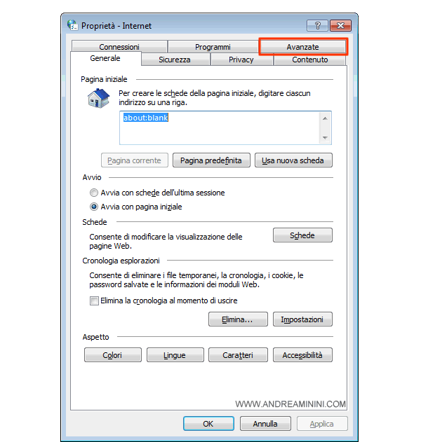 clicco sulla scheda Avanzate delle proprietà Internet
