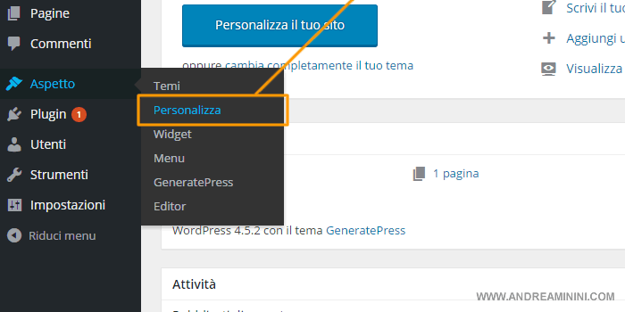 cliccare su PERSONALIZZA nel sottomenù