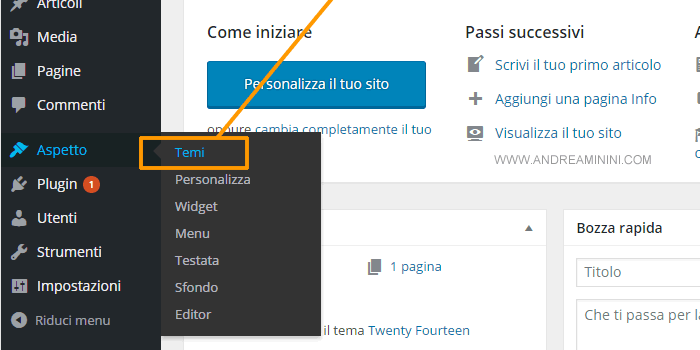 seleziono ASPETTO e poi TEMI sul menù verticale di sinistra